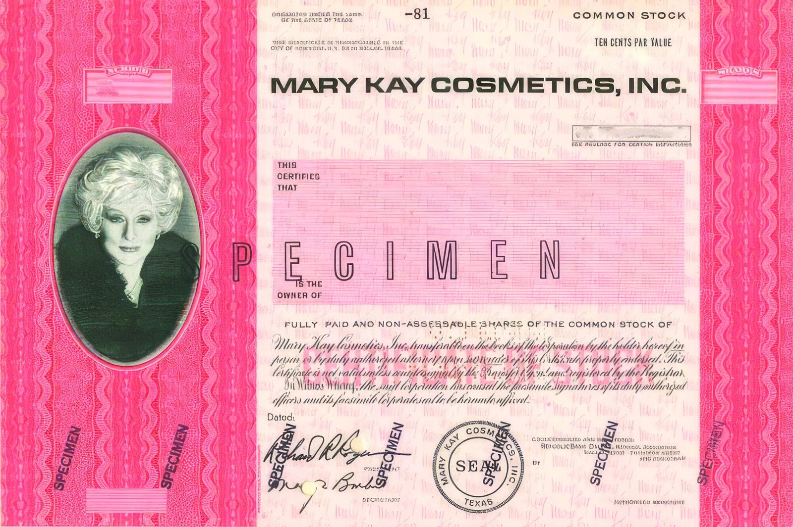 The company pink stock certificate updated with Mary Kay’s portrait by Francesco Scavullo, which became a collectible. Courtesy of GLABARRE.COM—George