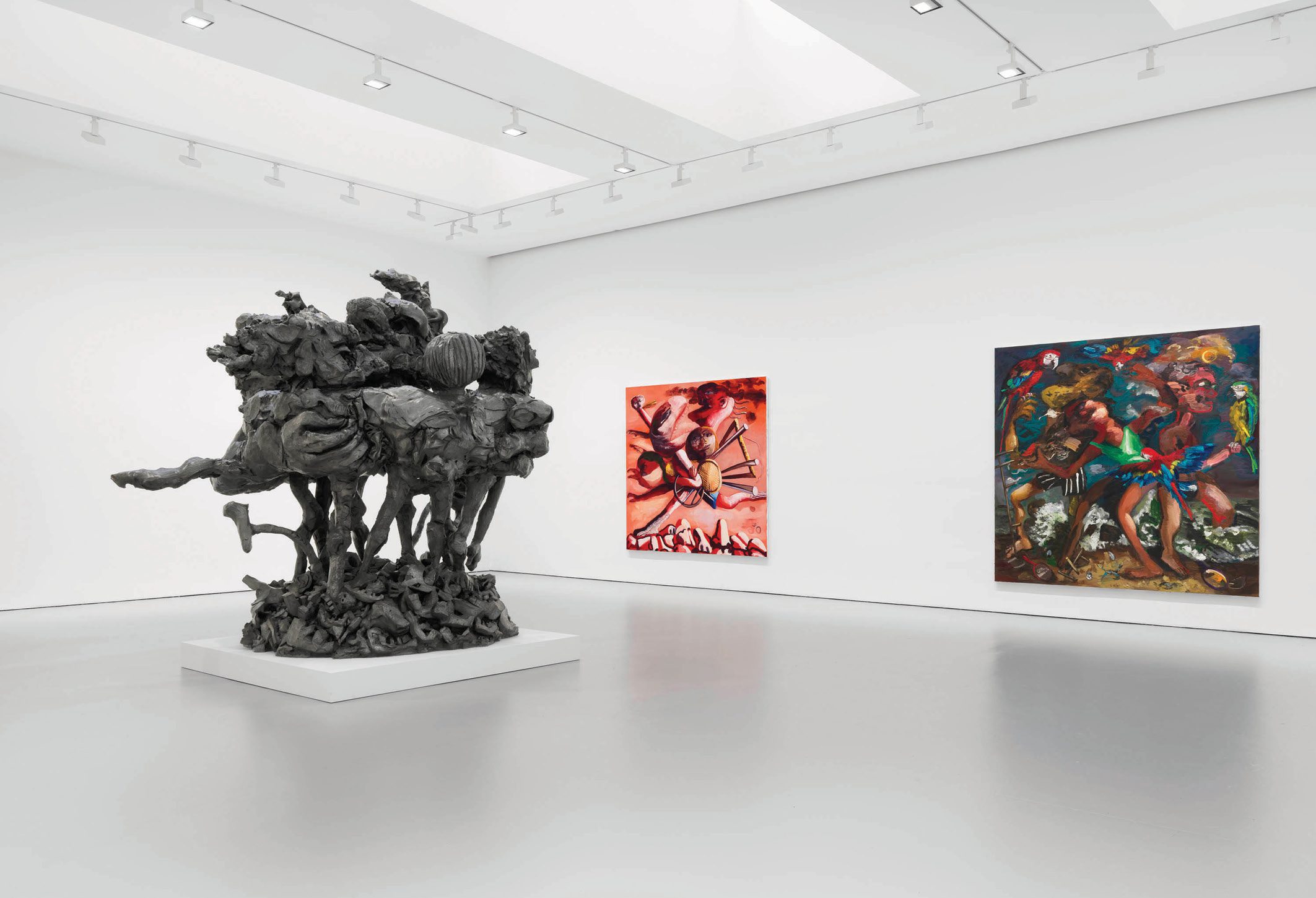 From left to right: Sea Group (2022), The Chase (2023), and Parrots (2023). Courtesy David Zwirner.